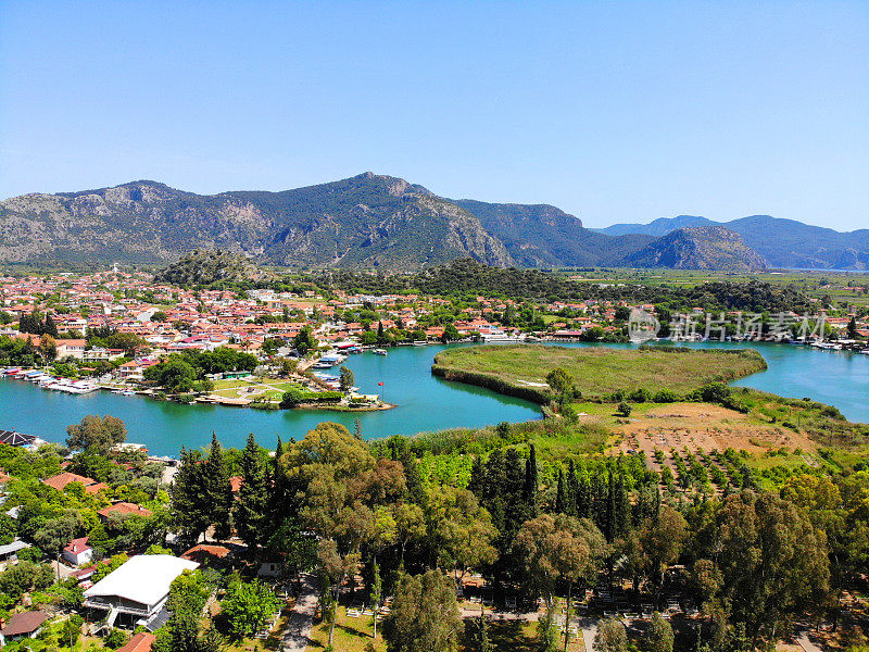 空中全景Dalyan Kaunos, Fethiye，土耳其